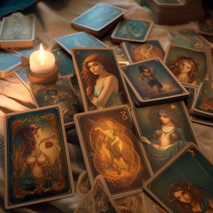 May include: A spread of tarot cards on a fabric surface with a lit candle in the center. The cards feature illustrations of people, animals, and symbols.
