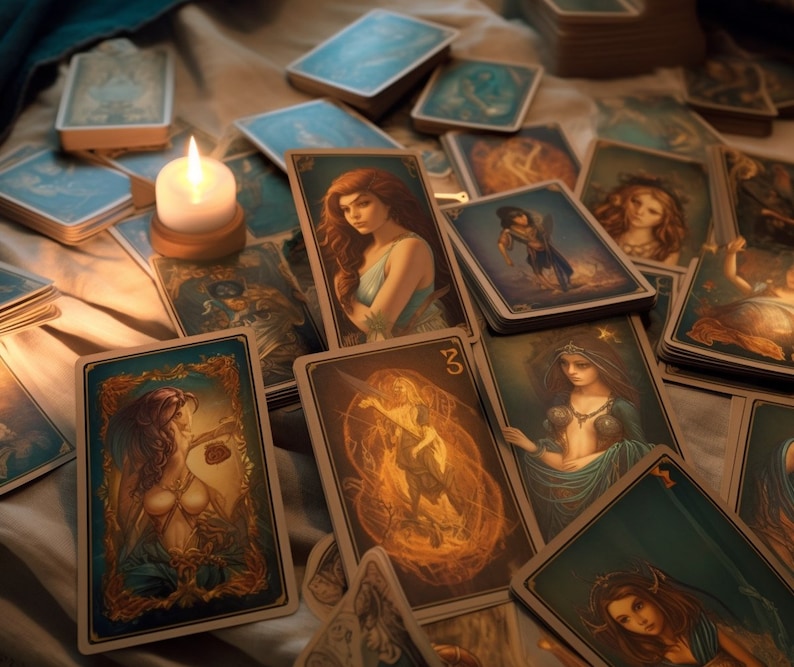 May include: A spread of tarot cards on a fabric surface with a lit candle in the center. The cards feature illustrations of people, animals, and symbols.