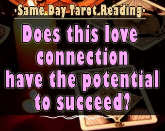 May include: A tarot card reading with the question "Does this love connection have the potential to succeed?" written in pink text on a dark background.