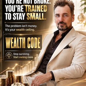 May include: A poster featuring a man in a beige blazer and black shirt with text reading: YOU'RE NOT BROKE. YOU'RE TRAINED TO STAY SMALL. The problem isn't money. It's your wealth ceiling. WEALTH CODE. Stop surviving. Start owning more. Gold coins and a diamond.
