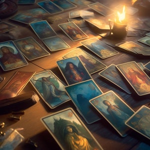 May include: A spread of tarot cards on a wooden table with a lit candle in the background. The cards feature colorful illustrations and intricate designs.