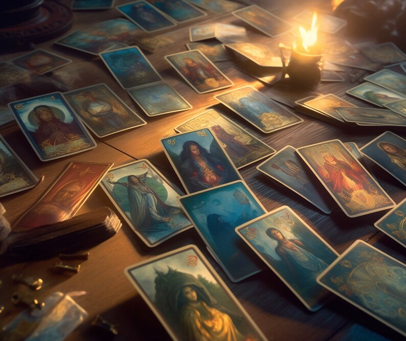 May include: A spread of tarot cards on a wooden table with a lit candle in the background. The cards feature colorful illustrations and intricate designs.
