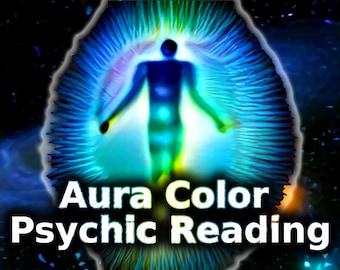 May include: A person with a blue, green, and yellow aura, surrounded by a bright blue and white light. The text "Aura Color Psychic Reading" is at the bottom of the image.