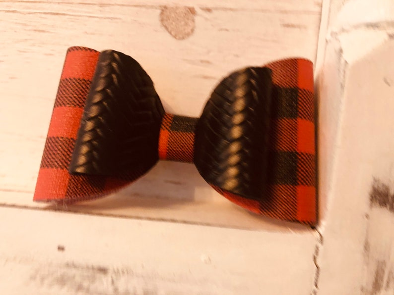 Red Buffalo Plaid and Braided Black Bow ~ Red /& Black Buffalo Plaid ~ Braided Black Faux Leather ~ Gift for Her ~ Hair Accessory