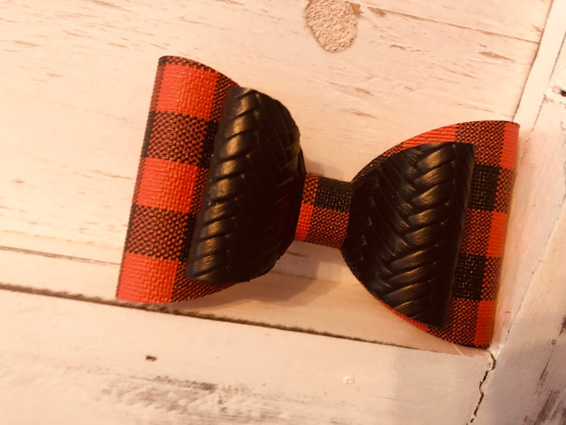 Red Buffalo Plaid and Braided Black Bow ~ Red /& Black Buffalo Plaid ~ Braided Black Faux Leather ~ Gift for Her ~ Hair Accessory