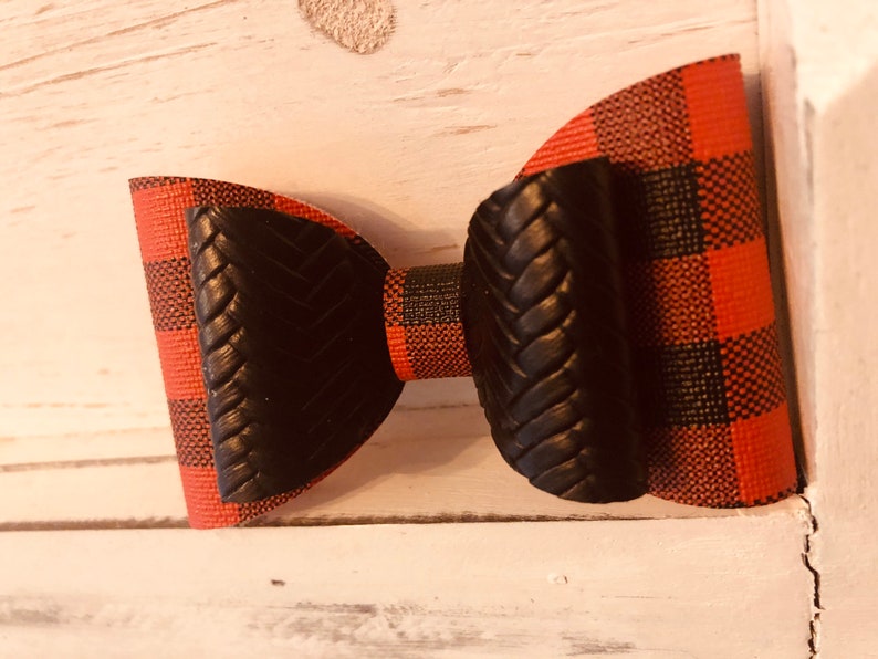 Red Buffalo Plaid and Braided Black Bow ~ Red /& Black Buffalo Plaid ~ Braided Black Faux Leather ~ Gift for Her ~ Hair Accessory