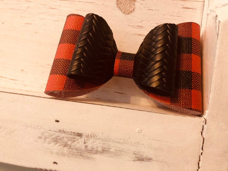 Red Buffalo Plaid and Braided Black Bow ~ Red /& Black Buffalo Plaid ~ Braided Black Faux Leather ~ Gift for Her ~ Hair Accessory