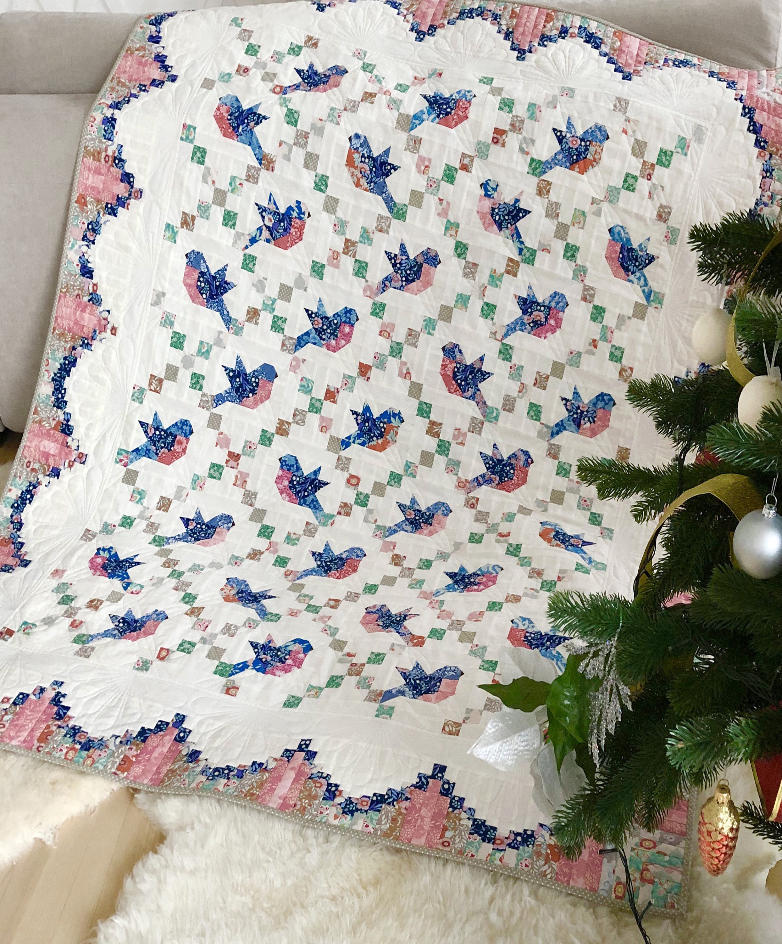 クリスマス キルト / バード キルト / アート キルト、ベビー キルト / ハンドメイド キルト / 完成品キルト / ホリデー ギフト / スロー キルト
