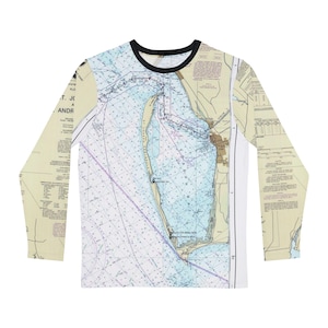 Chemise homme carte marine, t-shirt de plage à manches longues, haut cape San Blas, vêtements Scallop Cove, vêtements de navigateur côtier
