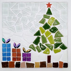 May include: A mosaic Christmas scene featuring a green Christmas tree with a red star on top, and three gift boxes. The tree and gifts are made of colorful glass pieces on a white background. The gifts are blue, orange, and purple.