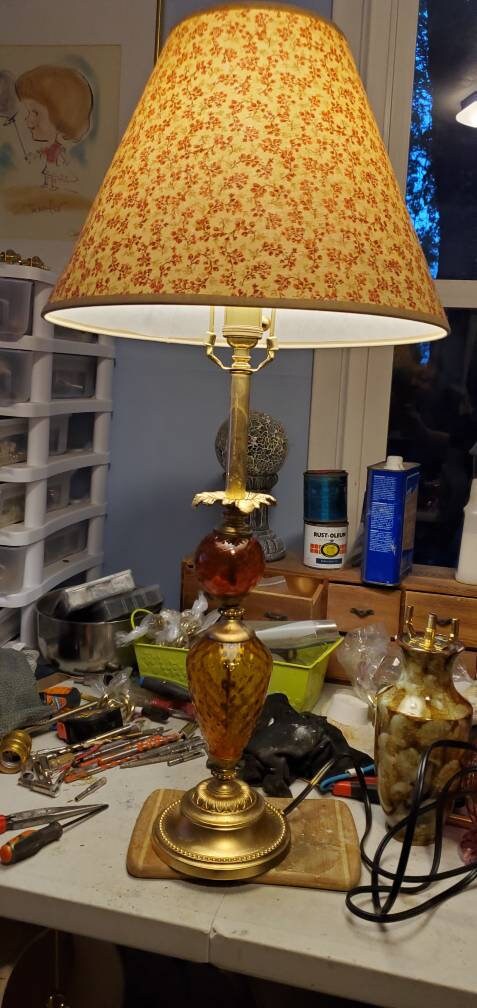 Antique Double Globe Lamp With Matching Floral Print Lampshade