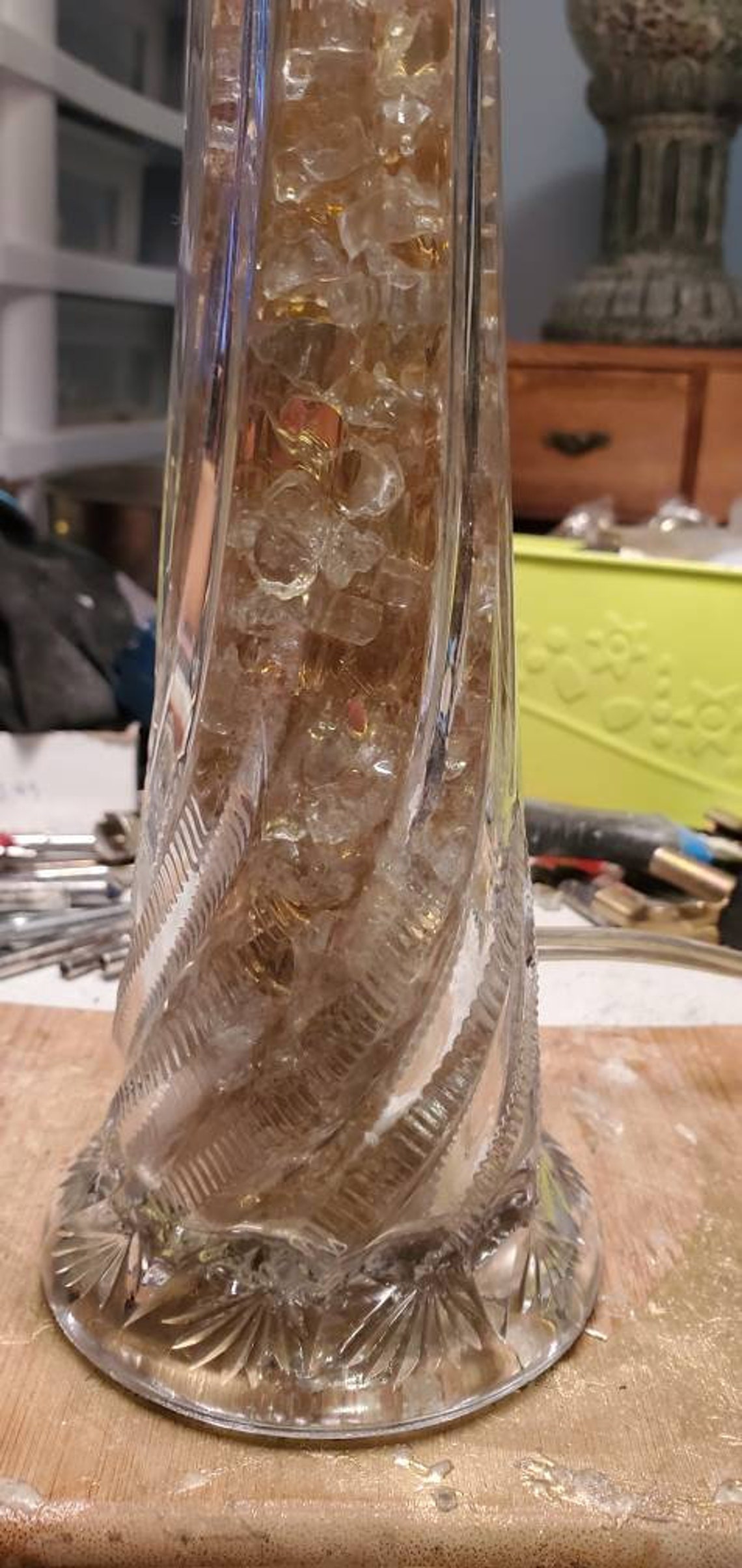 Fluted Glass Lamp Filled With Gold Lava Glass and Tassel Etsy