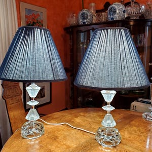 Crystal and Plexiglass Candlestick Lamp with Blue Pleated Lampshade