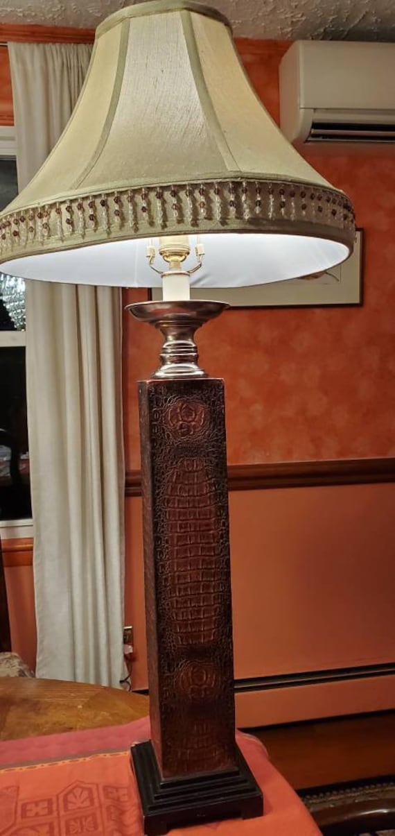 Faux Alligator Lamp With Black Platform Base Siver and Brass