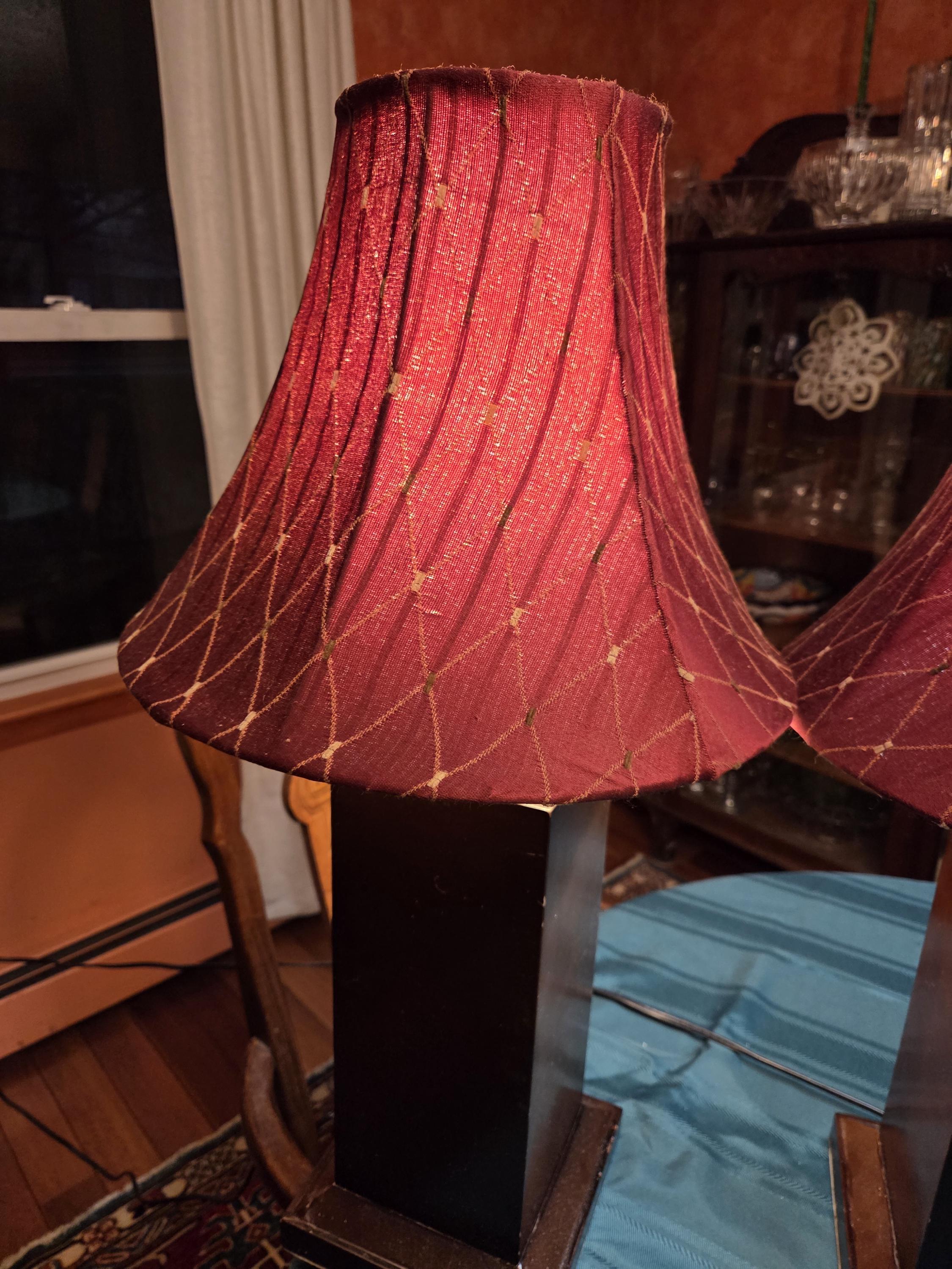 Pair Mahogany Column Table Lamps, Maroon Diamond Patterned Lampshades ...