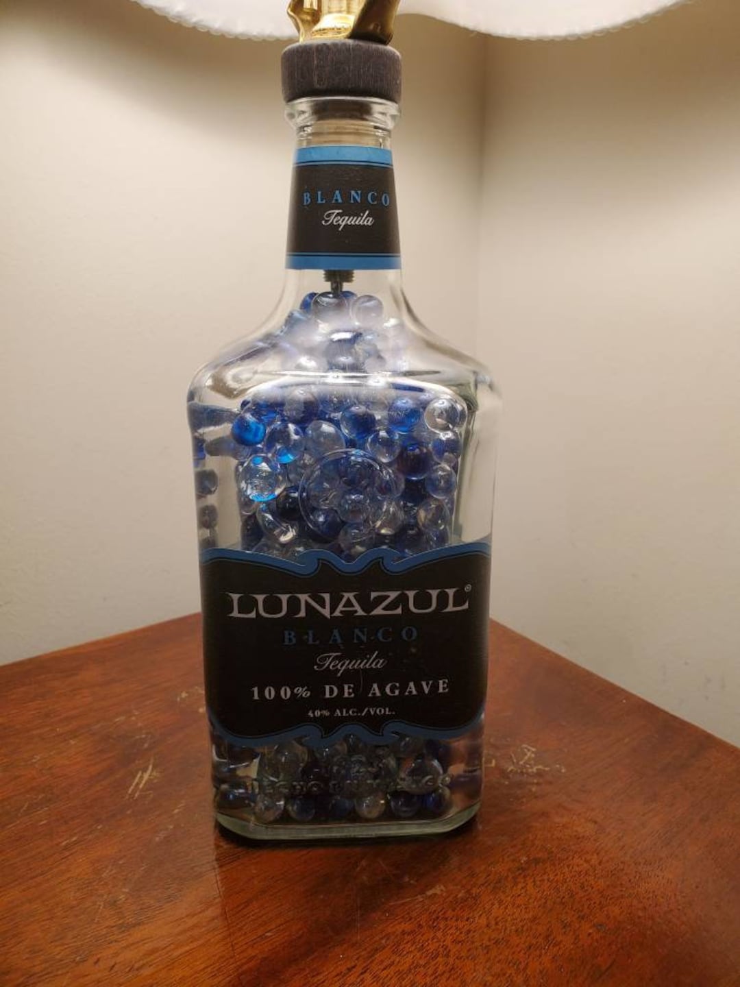 Lunazul Blanco Tequila Lamp With Clear and Blue Beads With Laced Lamp