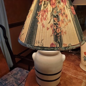 Jug Lamp with Two Blue Lines and Handles with Blue and Pink  Floral Lampshade