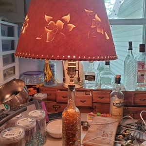 Amber Lamp with amber beads and Cut Out Flowered Lamp Shade