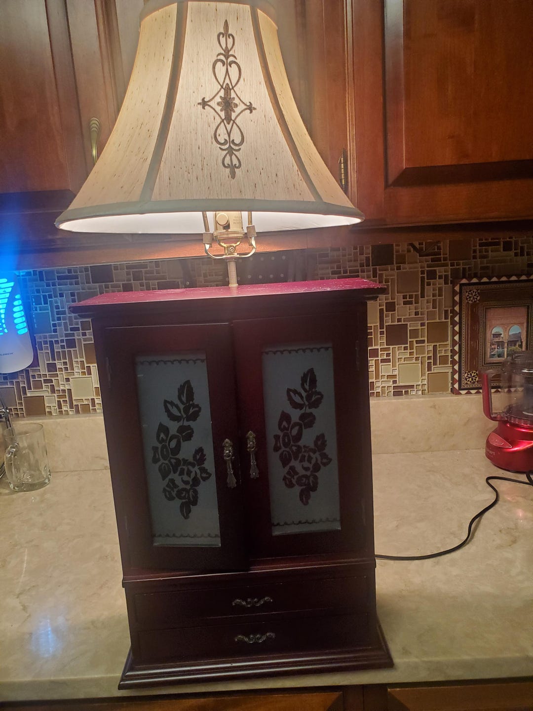 Cherry Wood Jewelry Box Lamp With Two Milk Glass Doors and Two Drawers ...