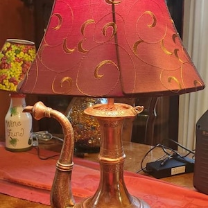 Uzbekistan Bokhara Antique Copper Ewer Lamp with Moon Swirled Maroon Lampshade