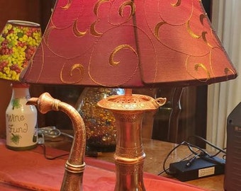 Uzbekistan Bokhara Antique Copper Ewer Lamp with Moon Swirled Maroon Lampshade