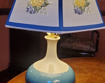 Blue and white polished ceramic lamp with Special "see-through" Blue and yellow floral lampshade