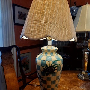 Blue Checkerboard Ceramic Floral Lamp with Scalloped Fenchel Lampshade