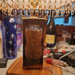 Brass Decanter Lamp With Crushed Lava Glass and Tassel Lamp Shade