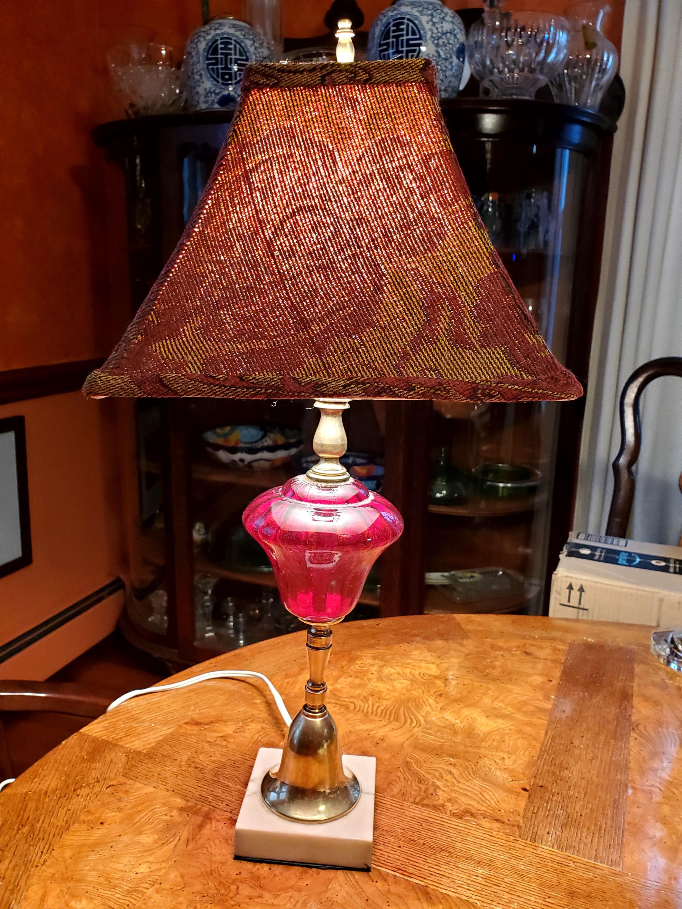 Cranberry Glass Table Lamp with Four-Sided Maroon and Gold Lampshade