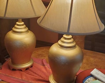 Chinese Lettering aand Floral Engraved Golden Lamp Set with Matching Golden Lampshades ( Two Lamps)