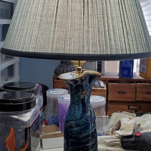 Decorative, High Glazed Ceramic Wine Lamp With Blue Pleated Lampshade