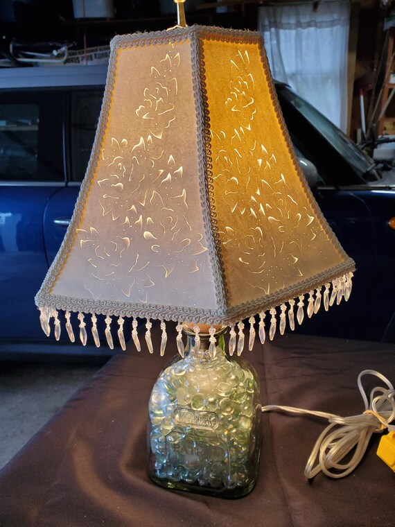 Patron Lamp with Fancy Fringe Shade, Second lamp with Cut out Floral Lampshade, 3rd with Beige Lampshade