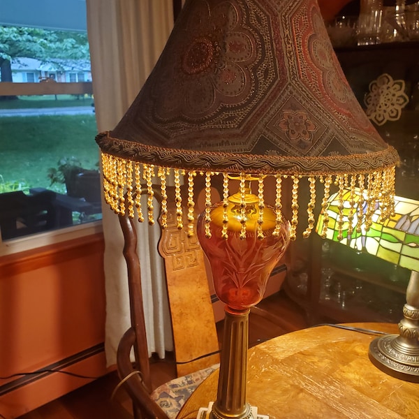 Ruby Red Victorian Rose-Etched Banquest Lamp with Doubled RIbboned Matching Tasseled Lampshade