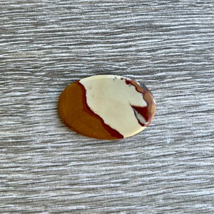 May include: An oval-shaped polished stone with a mix of colors. The stone features a base of tan and brown, with a creamy white section and streaks of deep red. The stone's surface is smooth and reflective, suggesting it has been polished.