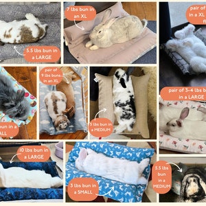 May include: A collage of nine images showing different sizes of rabbit beds with rabbits of various sizes and colors. The images are labeled with the weight of the rabbit and the size of the bed. The text "pair of 9 lbs buns in an XL" is visible in one of the images.