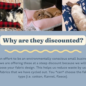 May include: Three images of rabbit beds, each with a different fabric design. The first bed is black and white plaid, the second is pink, and the third is blue with a white and brown pattern. The text "Why are they discounted?" is at the top of the image. The text below the images explains that the beds are discounted because they are made with recycled fabrics.