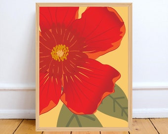 Rode en gele abstracte bloemsierkunst, moderne bloemkunst aan de muur, digitale download ingelijst