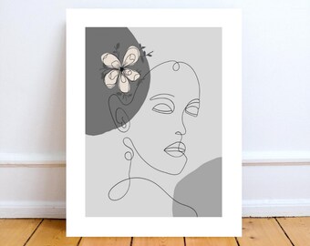Abstract Female Face Line Art Printable: Grey Boho Decor (Digital Download)