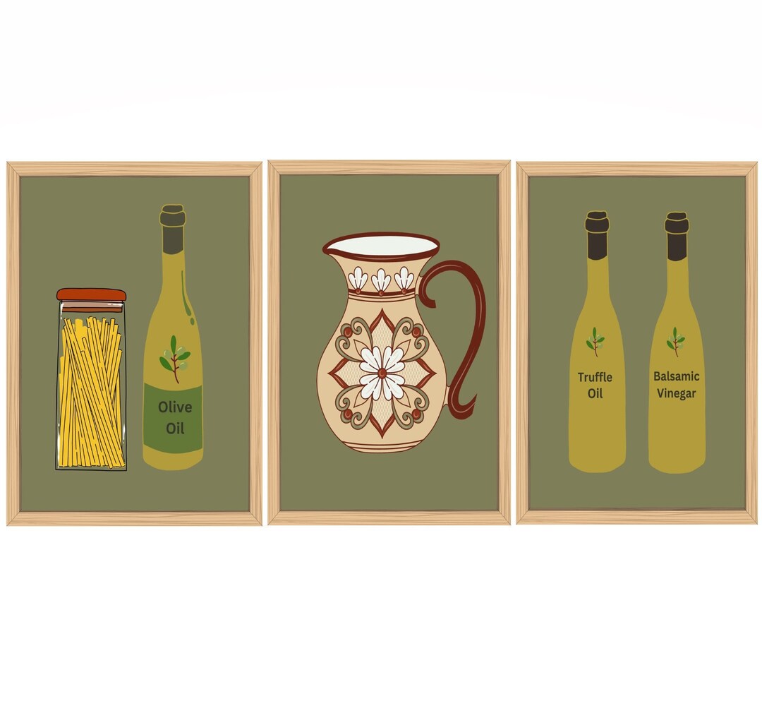Set of Three Kitchen Art Prints Download, Pasta Wall Art,pitcher Art