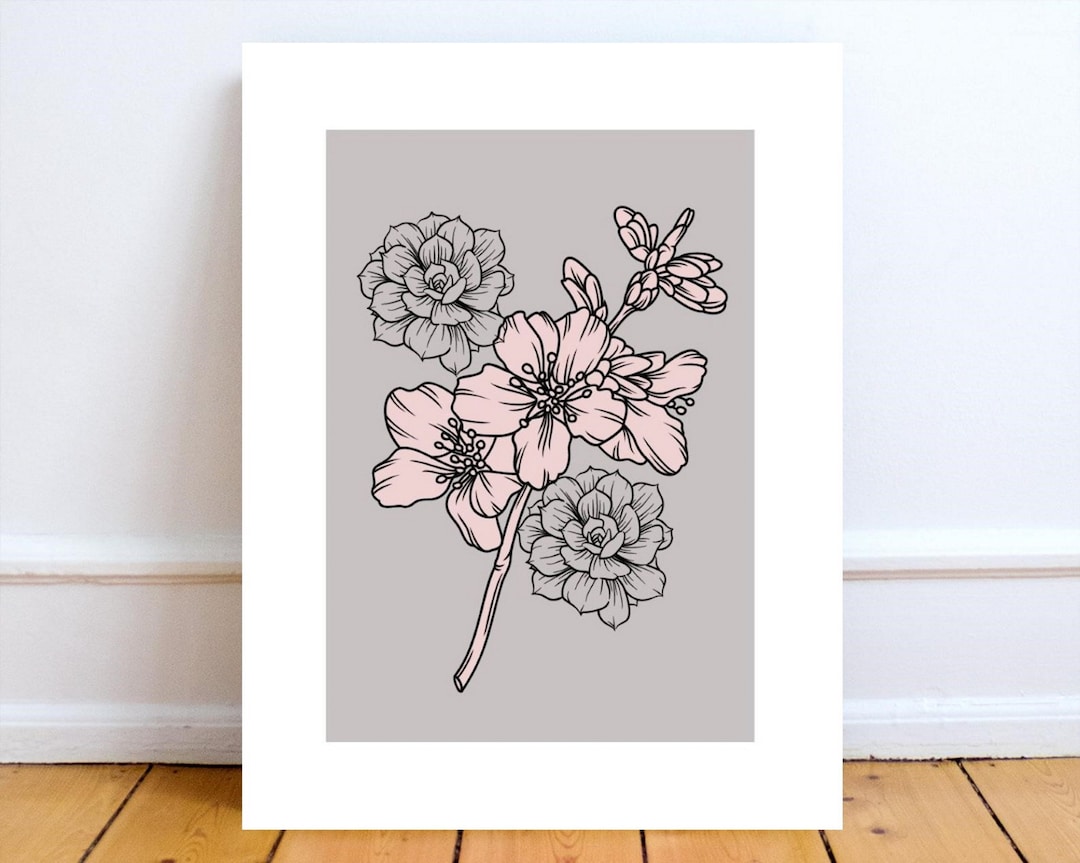 Grey Blush Pink Botanical Line Art Printable: Abstract Floral Wall ...