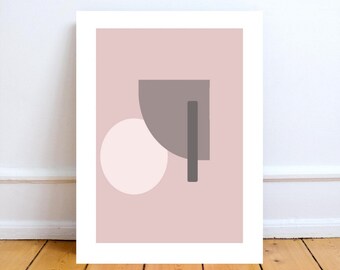 May include: Abstract geometric art print with a pink background, a white circle, and a gray rectangle with a semi-circle cut out.