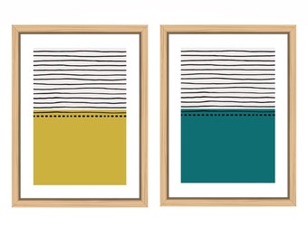 Set of Two  Burnt Yellow and Teal Abstract Art Prints Download with Lines,Minimalist Art, Geometric Wall Art, Digital Download Unframed