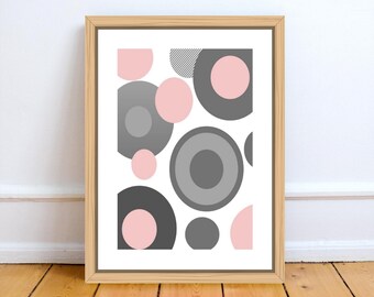 Blush Pink And Grey Geometric Art Print Download, Retro Wall Art, Abstract Art, Digital Download Unframed