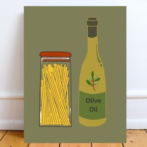 以下が含まれることがあります： 緑色の背景に、黄色のスパゲッティが入ったガラスの瓶とオリーブオイルの瓶が置かれています。瓶には緑色のラベルが貼られており、「Olive Oil」と書いてあります。