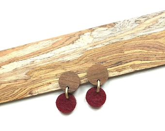Walnut and Felt Dainty Geometric Mask Friendly Earrings|Modern Wood and Felt Earrings|Fall Earrings|Fall Studs|Fall Mask Friendly Earrings