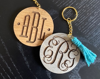 Monogram Wood Keychain|Wood Keychain with Tassel|Monogrammed Keychain|Stained Wood Custom Keychain|Monogram Gift for Her|Wood Keychain