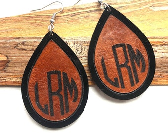 Monogram Leather and Acrylic Dangle Earrings|Monogram Leather Earrings|Custom Laser Engraved Monogram Earrings|Teardrop Earrings|Custom Ears