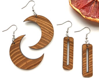 Lightweight Moon Earrings|Laser Cut Wood Rectangle Earrings|Black Locust Earrings Hard Wood|Lightweight Boho Dangle Earrings