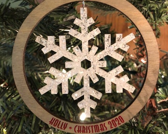 Personalized Wood & Glitter Acrylic Snowflake Ornament|Wood Custom Engraved Snowflake Ornament|Snowflake Ornament|Snowflake Tree Hanger