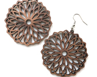 Lightweight Mandala Earrings|Laser Cut Wood Mandala Earrings|Mandala Earrings Your Choice of Hard Wood|Lightweight Mandala Dangle Earrings